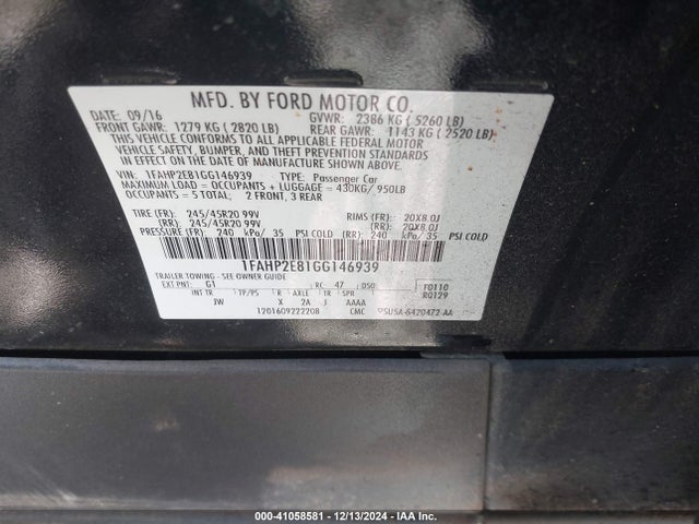 1FAHP2E81GG146939 Ford TAURUS SEL