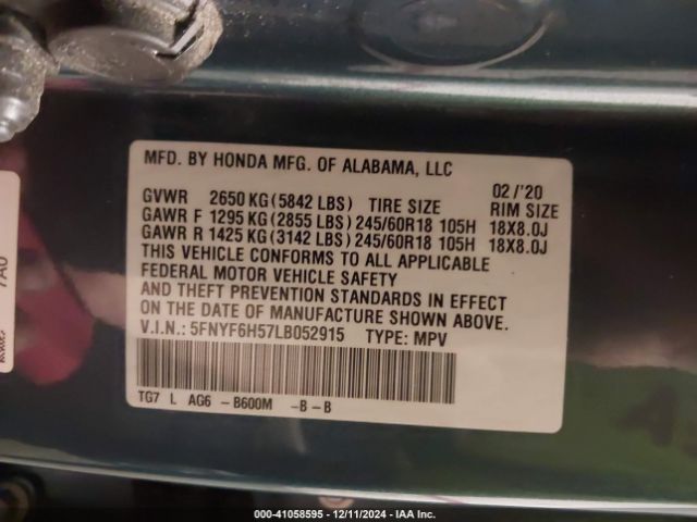 5FNYF6H57LB052915 Honda Pilot Awd Ex-l