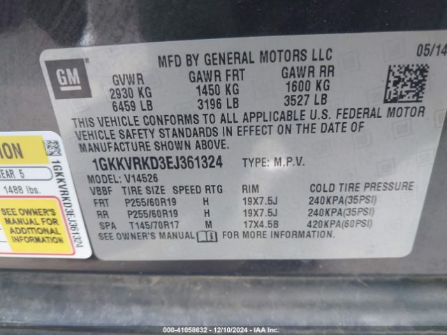 1GKKVRKD3EJ361324 GMC Acadia Slt-1