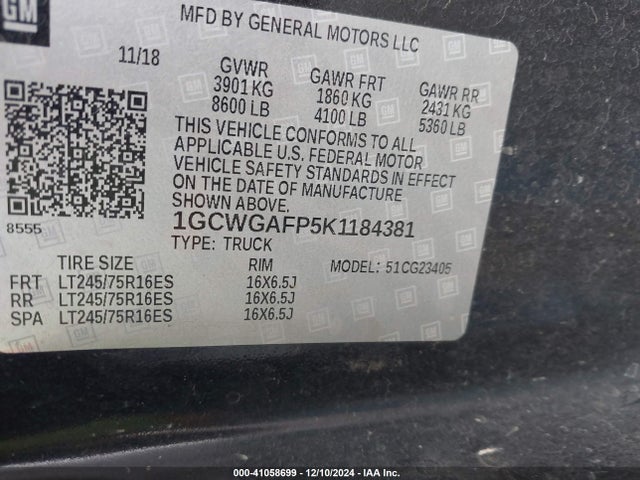Chevrolet Express 2500 Work Van 2019 1GCWGAFP5K1184381 Image 9