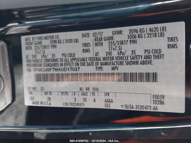 Ford ESCAPE S 2017 1FMCU0F76HUD17027 Image 9