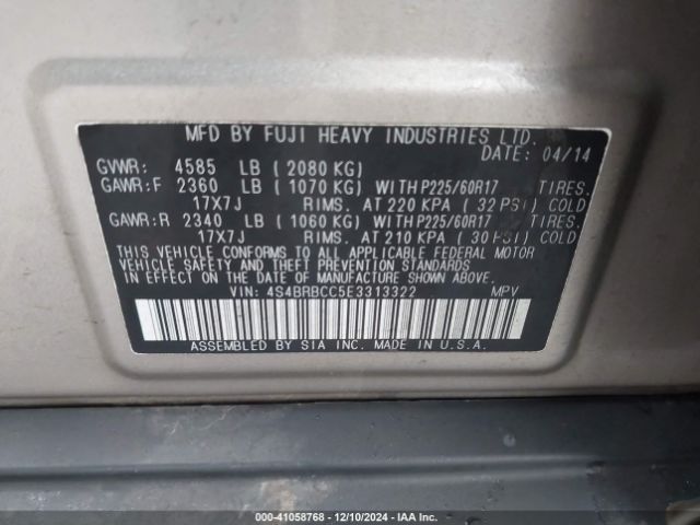 4S4BRBCC5E3313322 Subaru Outback 2.5i Premium