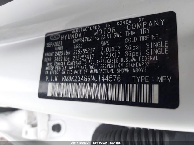 KM8K23AG9NU144576 Hyundai Kona Electric Sel
