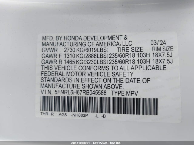 5FNRL6H67RB045588 Honda Odyssey Ex-l