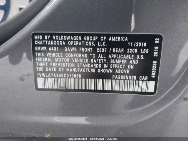 1VWLA7A34KC010668 Volkswagen Passat 2.0t Wolfsburg Edition