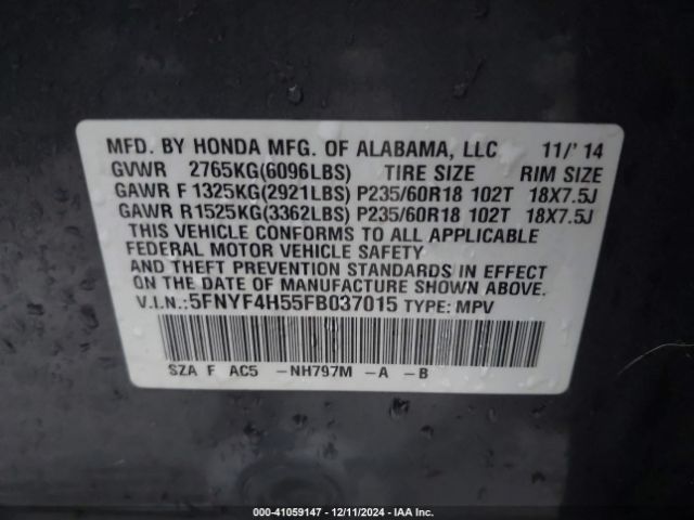 5FNYF4H55FB037015 Honda Pilot Ex-l