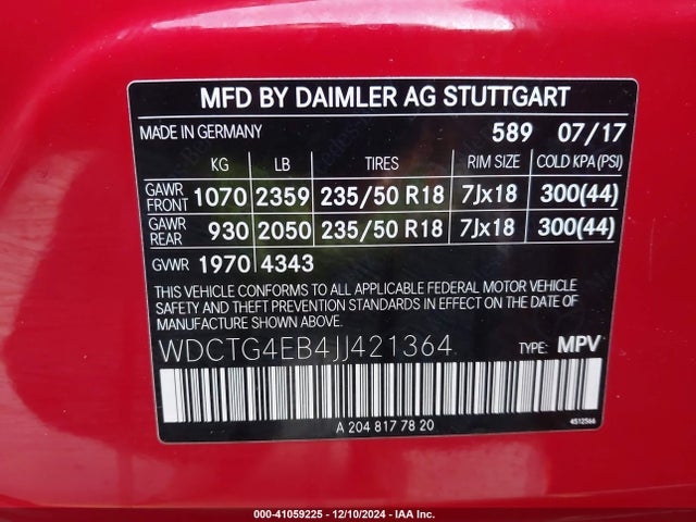 WDCTG4EB4JJ421364 Mercedes-Benz GLA 250
