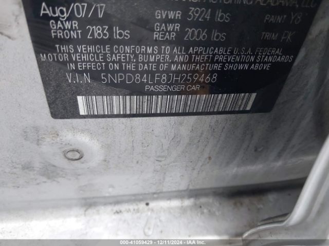 5NPD84LF8JH259468 Hyundai ELANTRA SEL