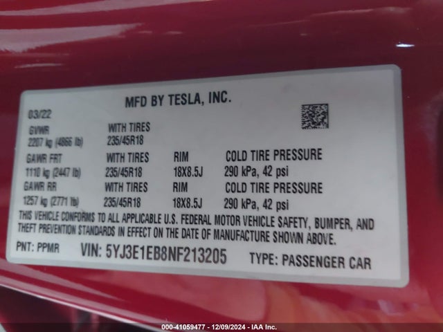 2022 TESLA MODEL 3 5YJ3E1EB8NF213205 Photo 8