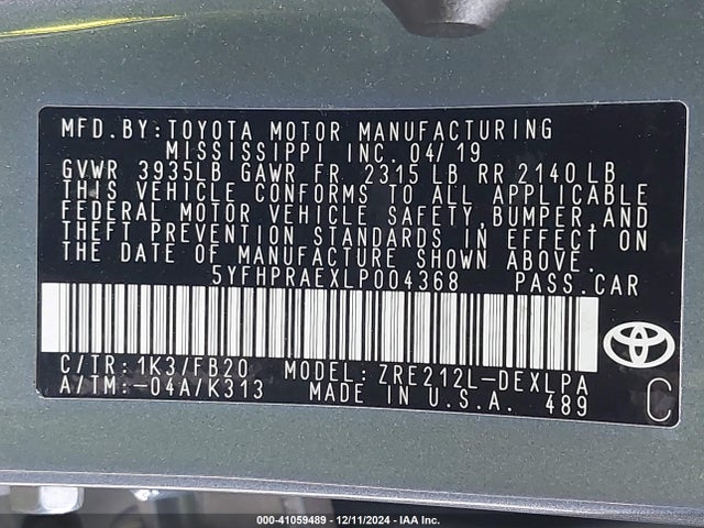 Toyota COROLLA LE 2020 5YFHPRAEXLP004368 Image 9