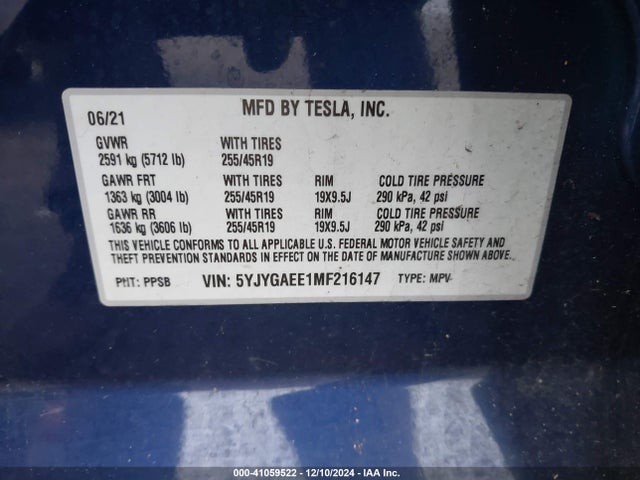 2021 TESLA MODEL Y 5YJYGAEE1MF216147 Photo 8