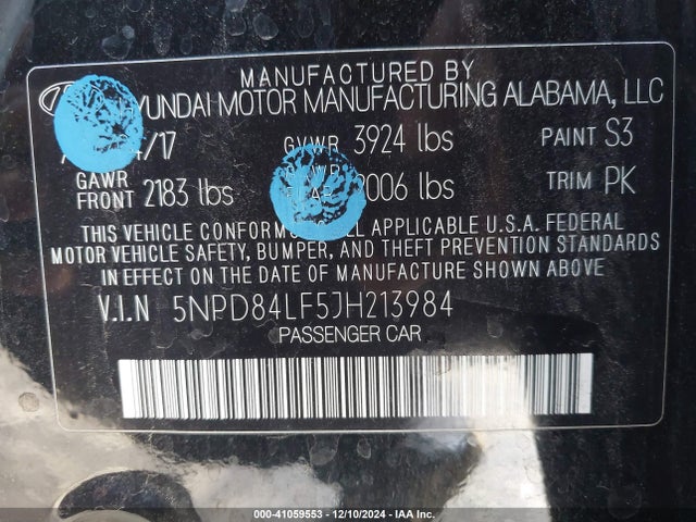 5NPD84LF5JH213984 Hyundai ELANTRA SEL