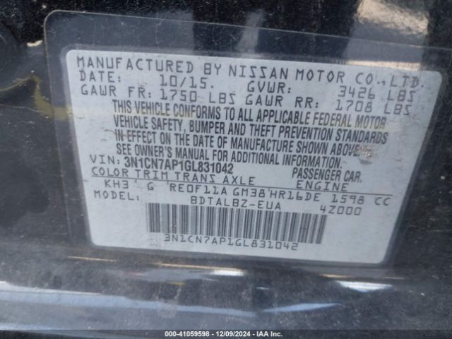3N1CN7AP1GL831042 Nissan Versa 1.6 S/1.6 S+/1.6 Sl/1.6 Sv