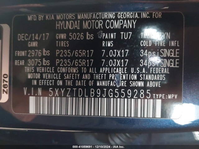 5XYZTDLB9JG559285 Hyundai Santa Fe Sport 2.4l