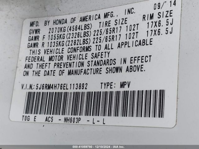 5J6RM4H76EL113892 Honda Cr-v Ex-l