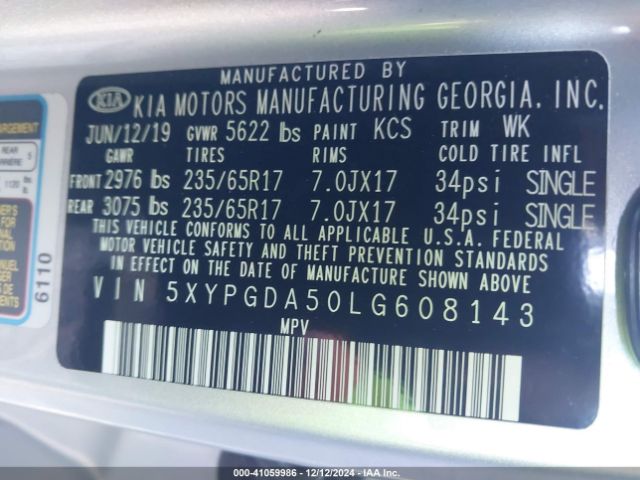 5XYPGDA50LG608143 KIA Sorento 3.3l Lx
