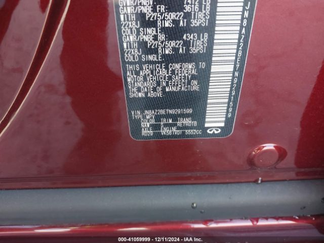 JN8AZ2BE7N9291599 Infiniti Qx80 Sensory Awd