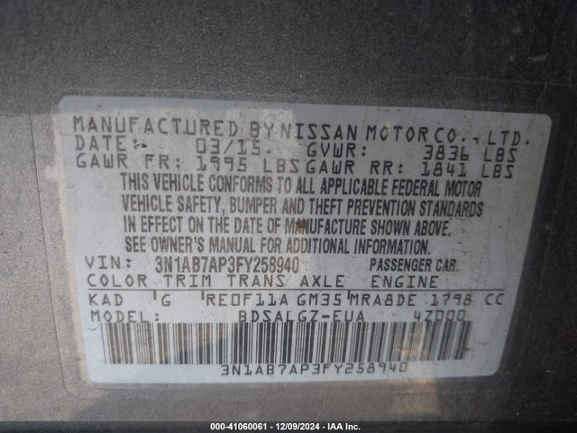 Nissan SENTRA SL 2015 3N1AB7AP3FY258940 Image 9
