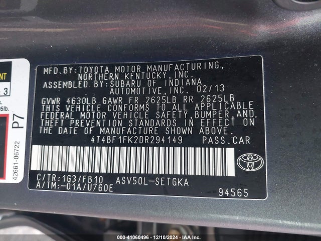 41060496 :رقم المزاد ، 4T4BF1FK2DR294149 vin ، 2013 Toyota Camry Xle مزاد بيع