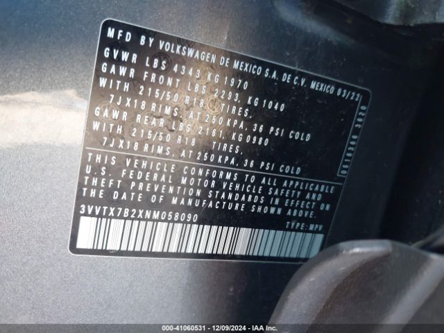 3VVTX7B2XNM058090 Volkswagen Taos 1.5t Se