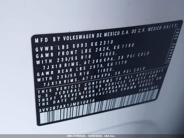 3VV2B7AX1JM010818 Volkswagen Tiguan 2.0t Se/2.0t Sel