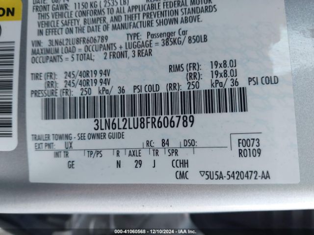 3LN6L2LU8FR606789 Lincoln MKZ HYBRID