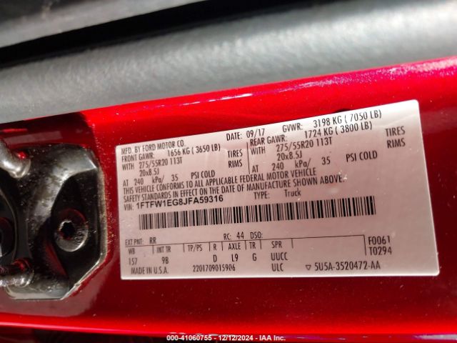 1FTFW1EG8JFA59316 Ford F-150 Platinum