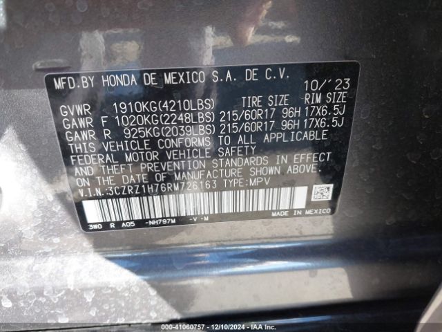 3CZRZ1H76RM726163 Honda Hr-v 2wd Ex-l/2wd Ex-l W/o Bsi