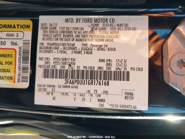Ford Fusion Hybrid S 2016 3FA6P0UU1GR176168 Image 9