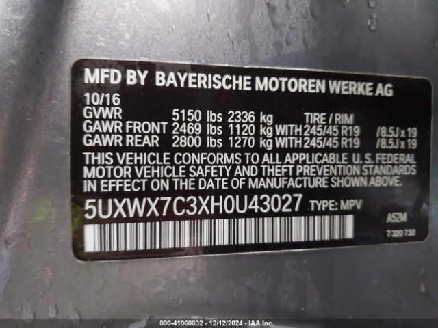 5UXWX7C3XH0U43027 BMW X3 Xdrive35i