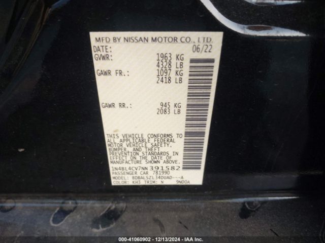 1N4BL4CV7NN391582 Nissan Altima Sr Fwd