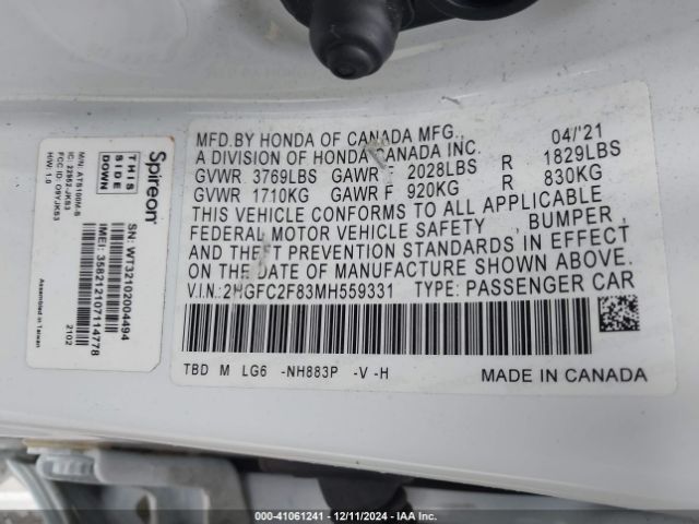 2HGFC2F83MH559331 Honda Civic Sport