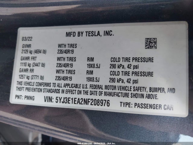 Tesla 2022 2022 5YJ3E1EA2NF208976 Image 8