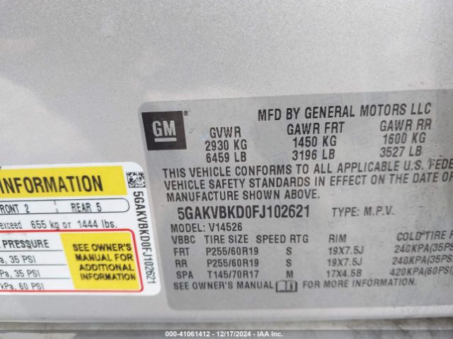 5GAKVBKD0FJ102621 Buick Enclave Leather
