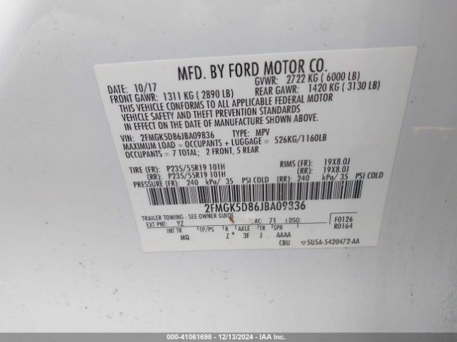 2FMGK5D86JBA09836 Ford Flex Limited