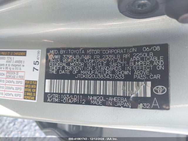 Aukcja sprzedaży 2008 Toyota Prius, vin: JTDKB20U383437633, numer aukcji: 41061743