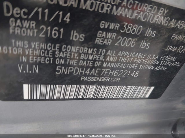 Hyundai ELANTRA SE 2015 5NPDH4AE7FH622148 Image 9