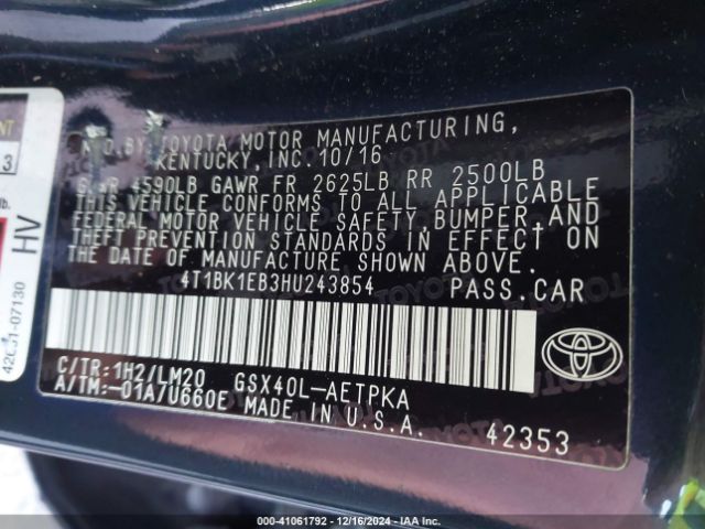 4T1BK1EB3HU243854 Toyota AVALON LIMITED