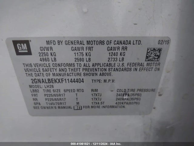 Chevrolet EQUINOX 1LT 2015 2GNALBEKXF1144404 Image 9