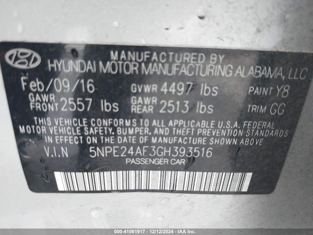 5NPE24AF3GH393516 Hyundai Sonata