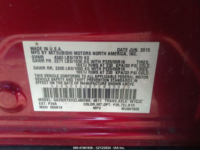 4A4AR4AU8FE039829 Mitsubishi Outlander Sport Se