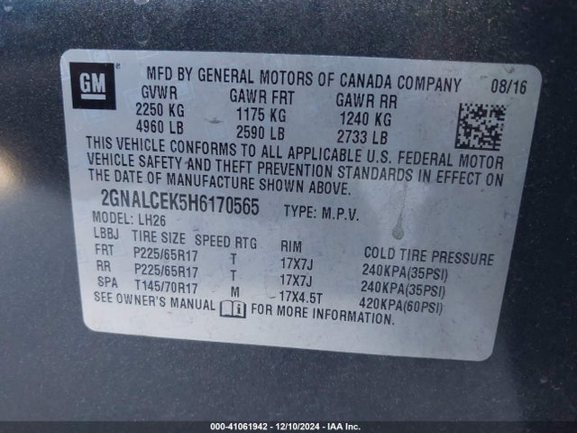Chevrolet EQUINOX LT 2017 2GNALCEK5H6170565 Image 9