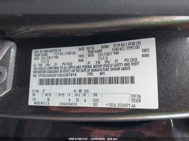 Ford ESCAPE SE 2016 1FMCU9GX1GUC67915 Image 9