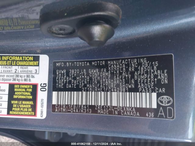 2T1BURHE1FC442981 Toyota COROLLA LE
