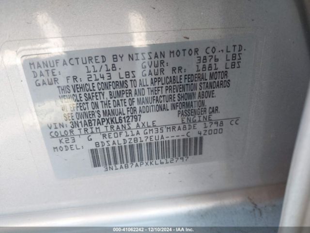 3N1AB7APXKL612797 Nissan SENTRA SV