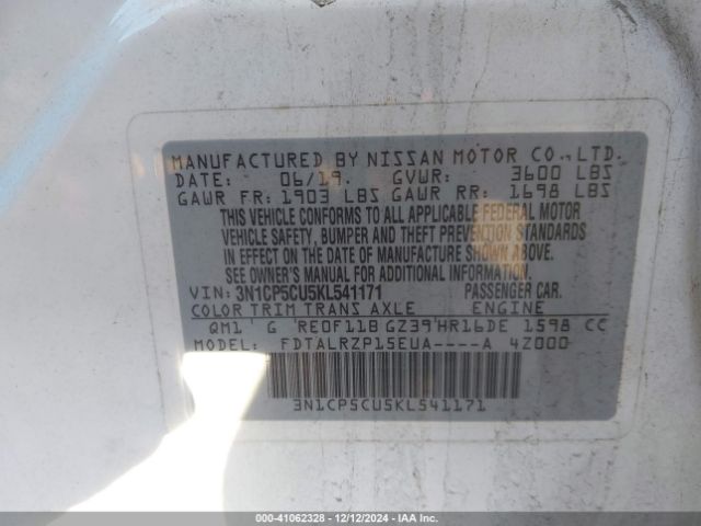 3N1CP5CU5KL541171 Nissan KICKS S