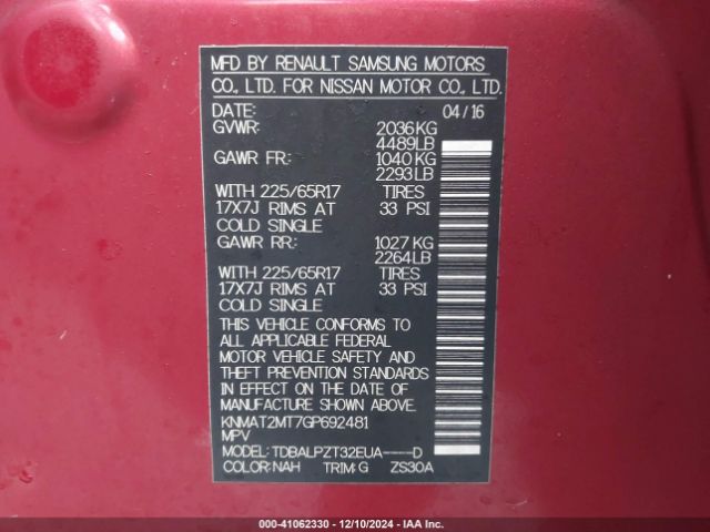 KNMAT2MT7GP692481 Nissan Rogue S/sl/sv