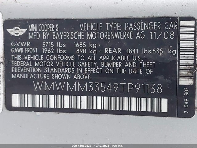 2009 MINI COOPER S CLUBMAN WMWMM33549TP91138 Photo 8