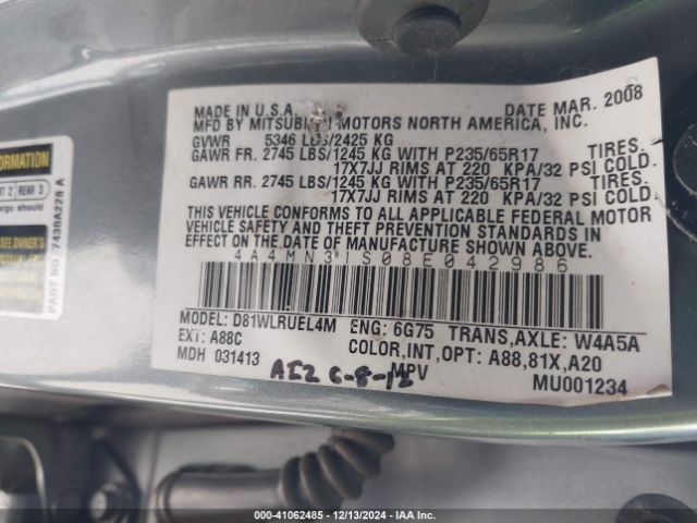 2008 MITSUBISHI ENDEAVOR 4A4MN31S08E042986 Photo 8