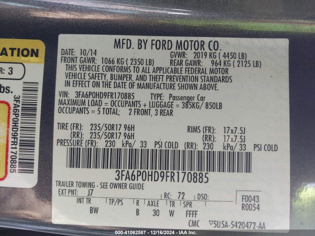 Ford FUSION SE 2015 3FA6P0HD9FR170885 Image 9